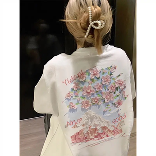 t恤时尚 纯棉圆领宽松减龄设计感字母印花短袖 百搭休闲ins上衣女夏