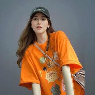 复古设计感欧货大版 纯棉印花短袖 美式 夏季 洋气上衣 t恤女2025新款