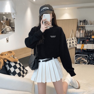 黑色短款卫衣女款小个子春秋季韩系chic冬季加厚绒圆领上衣服外套