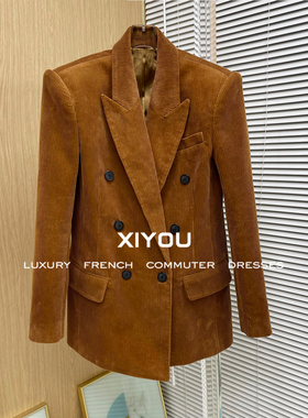 26春季新款杨树林复古焦糖色全棉灯芯绒双排扣阔肩直筒西装外套女