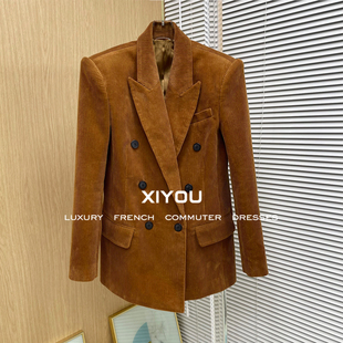 25秋季新款杨树林复古焦糖色全棉灯芯绒双排扣阔肩直筒西装外套女