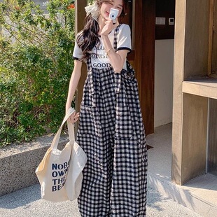 黑白格纹设计感小个子宽松减龄阔腿连体裤 女2026夏韩系 轻薄背带裤