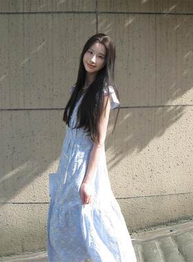 小清新仙女裙法式蓝色桔梗飞飞袖