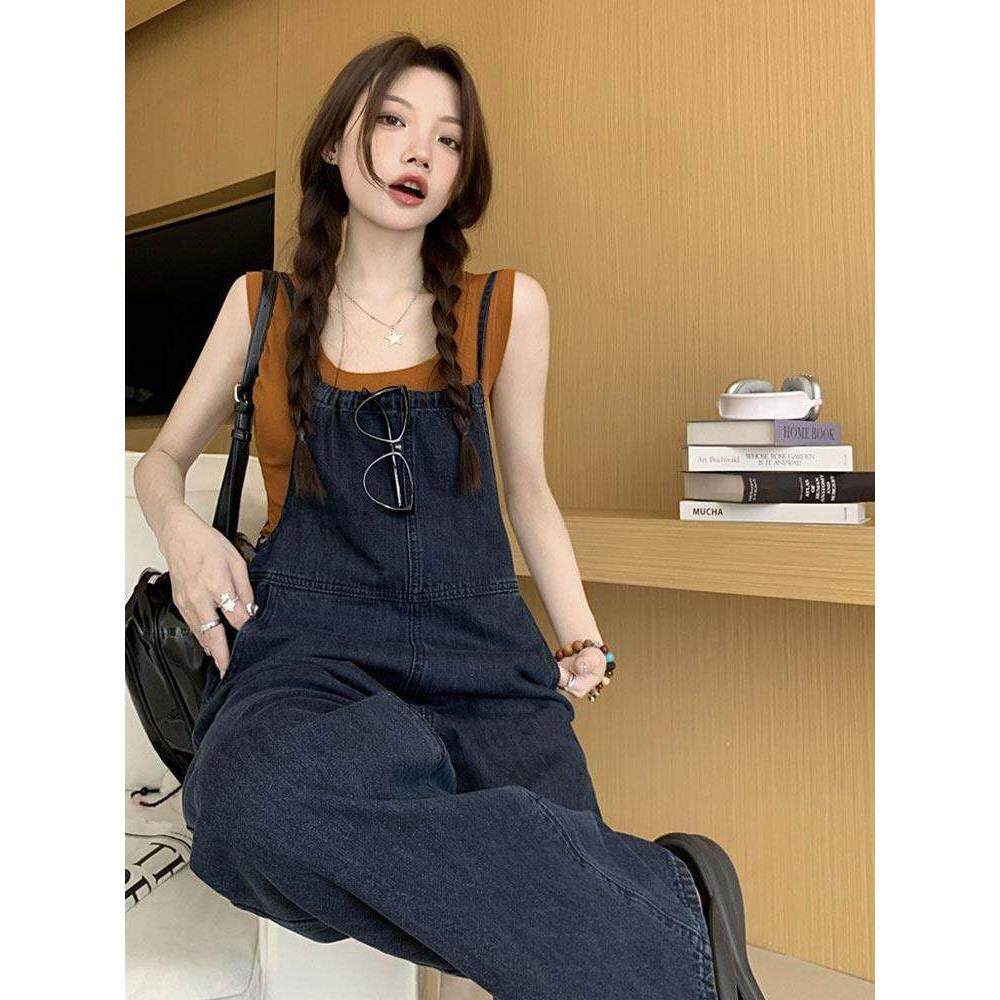 跨境日系减龄细肩带绑带牛仔背带裤女高腰直筒宽松阔腿显瘦长裤