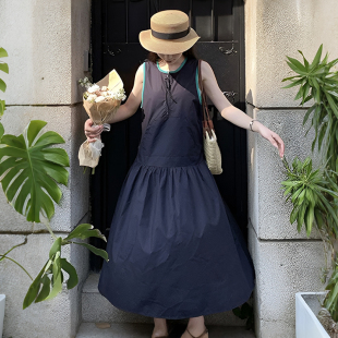 外贸出口夏连衣裙圆领英伦复古风大摆裙背心长裙女无袖 设计感宽松