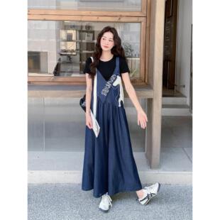 刺绣设计感宽松小个子减龄直筒阔腿裤 新款 女韩系夏季 牛仔蓝背带裤