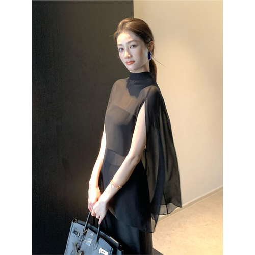 外贸时尚穿搭黑色缎面半身裙套装