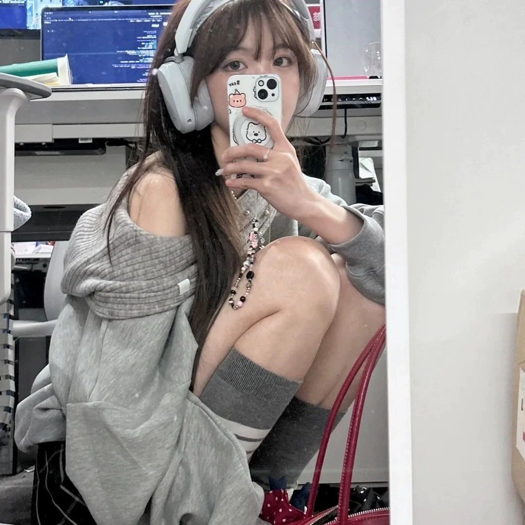 纯棉华棉加绒加厚美式性感一字肩连帽卫衣女装灰色上衣