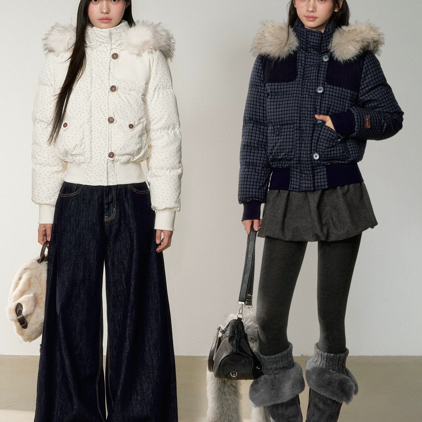 10月08日新品Soote Season 原创毛领半高领格纹羽绒服短外套