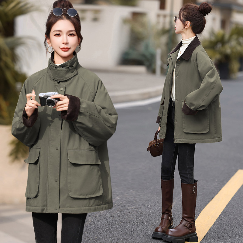 实拍撞色灯芯绒翻领夹棉风衣外套女加厚休闲宽松中长款棉服秋冬