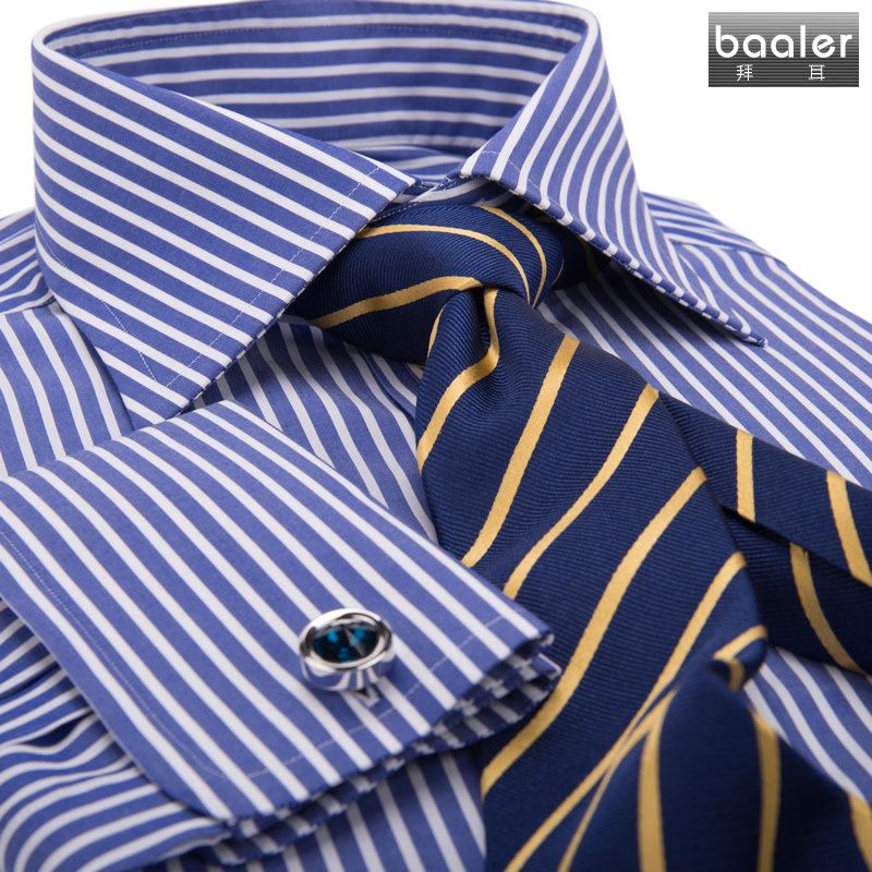 拜耳baaler英伦风法式商务衬衫双扣领条纹修身高支纯棉绅士衬衣