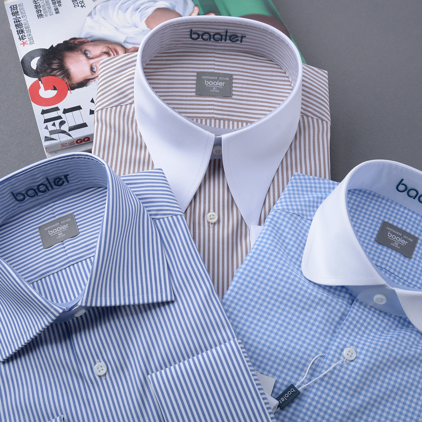 拜耳温莎领高支纱纯棉修身条纹法式长袖男衬衫断码促销集合