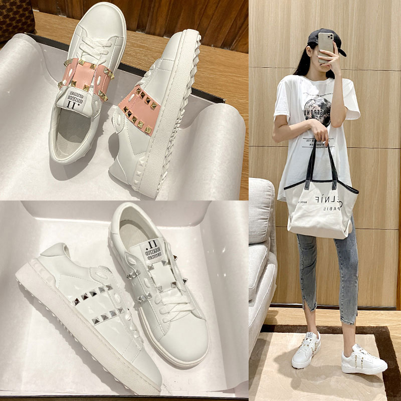 香港韩版真皮小白鞋女2024秋冬新款百搭运动时尚休闲板鞋铆钉平底