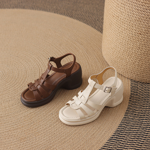 丁字扣带露趾高跟凉拖 真皮厚底坡跟 复古罗马风粗跟凉鞋 女