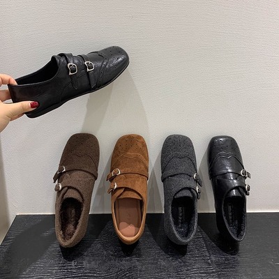 内增高！复古雕花方头乐福鞋女鞋子秋冬新款英伦风单鞋黑色小皮