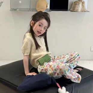 甜美少女风纯棉针织衫女童短袖圆领米色上衣中小儿童春秋季