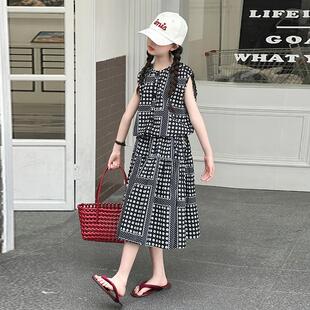 女童波点印花半身裙套装2026夏季棉布薄款无袖背心上衣短裙两件套