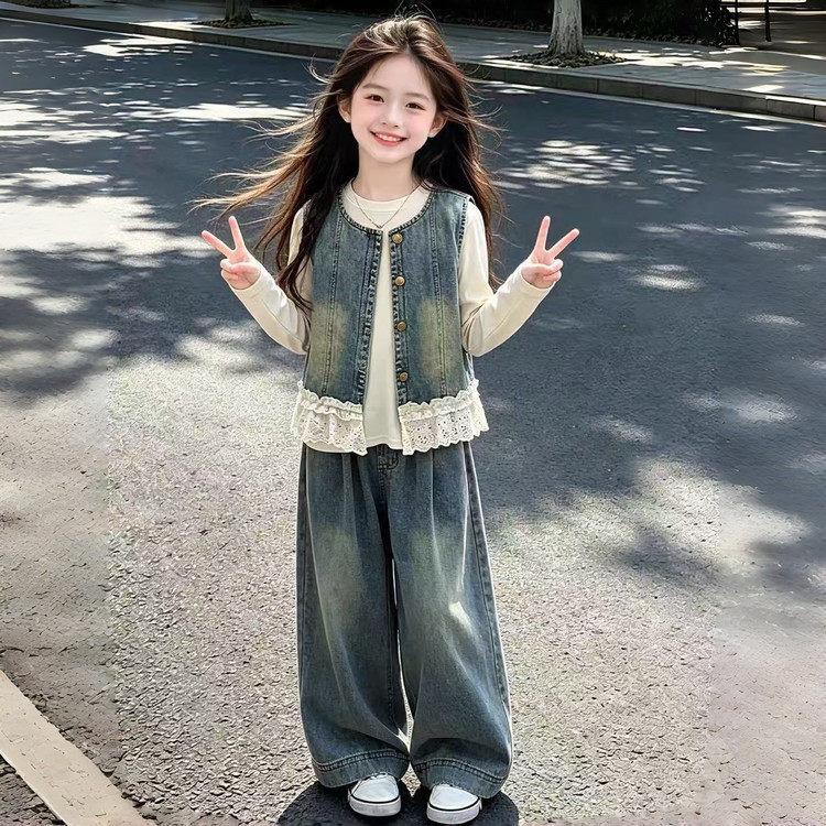 女童秋季牛仔马甲套装洋气时髦蕾丝花边阔腿裤两件套中大儿童春秋