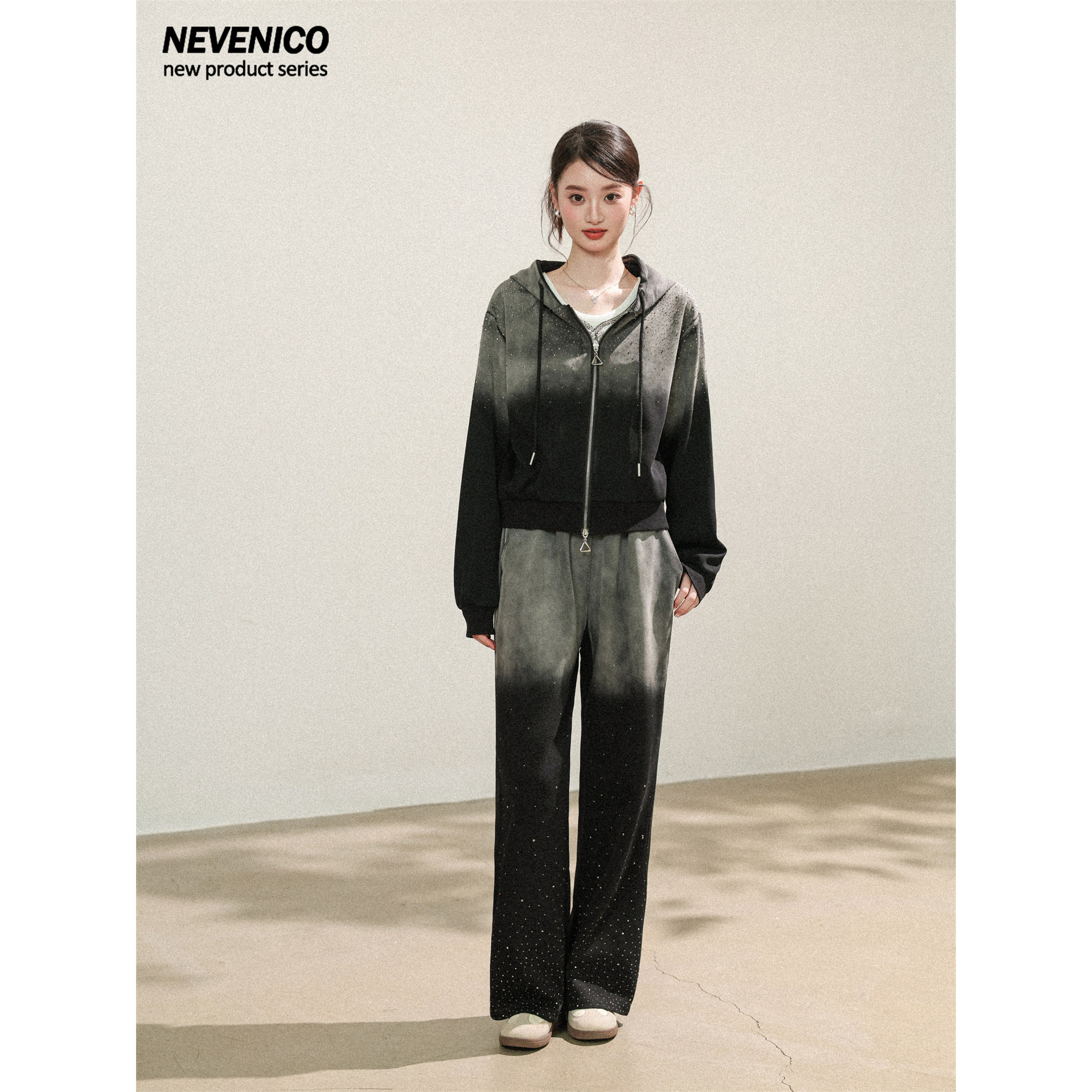 NEVENICO 烫钻拉链连帽卫衣休闲裤套装女时尚两件套