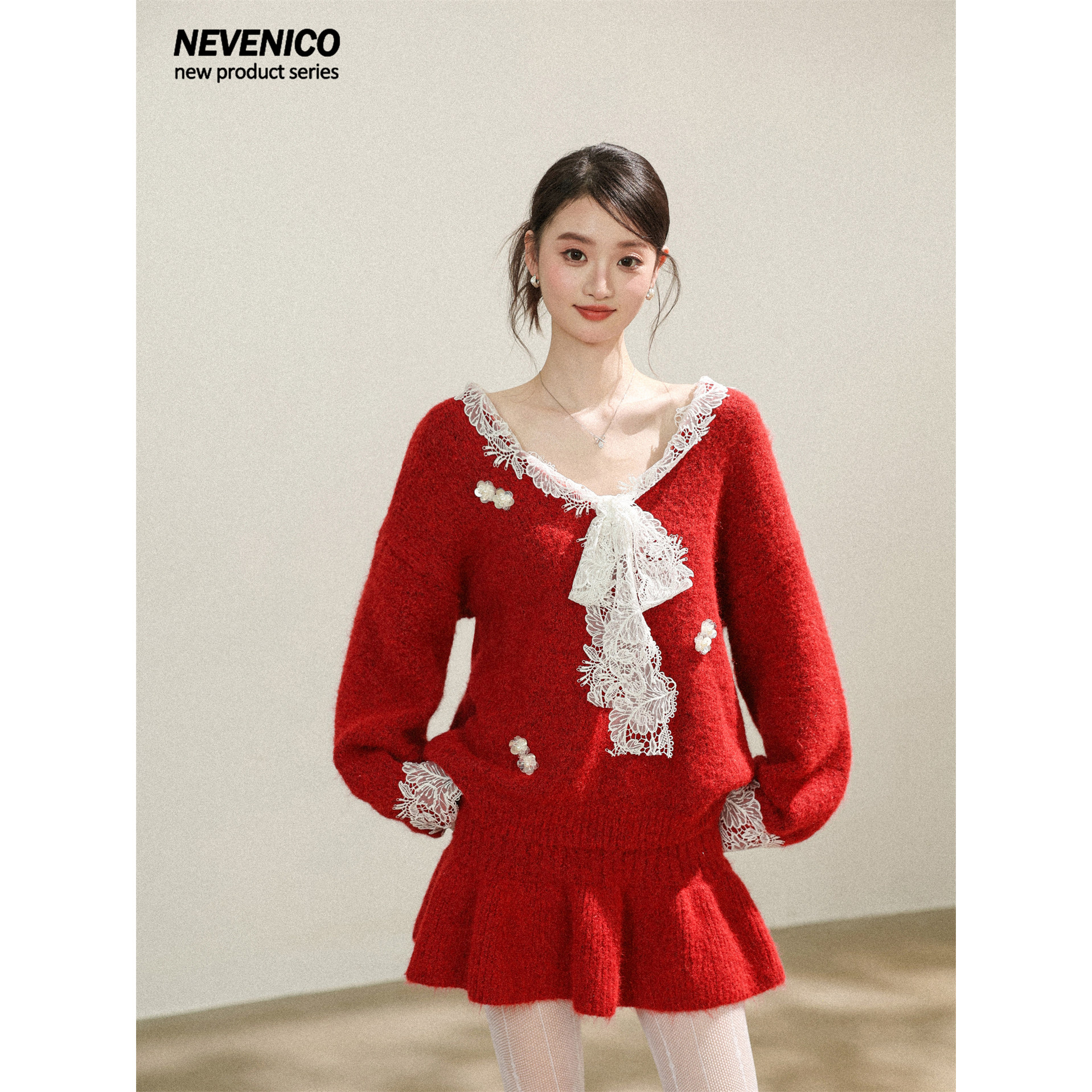 NEVENICO 蕾丝拼接蝴蝶结针织衫半裙套装甜美风氛围感时尚两件套