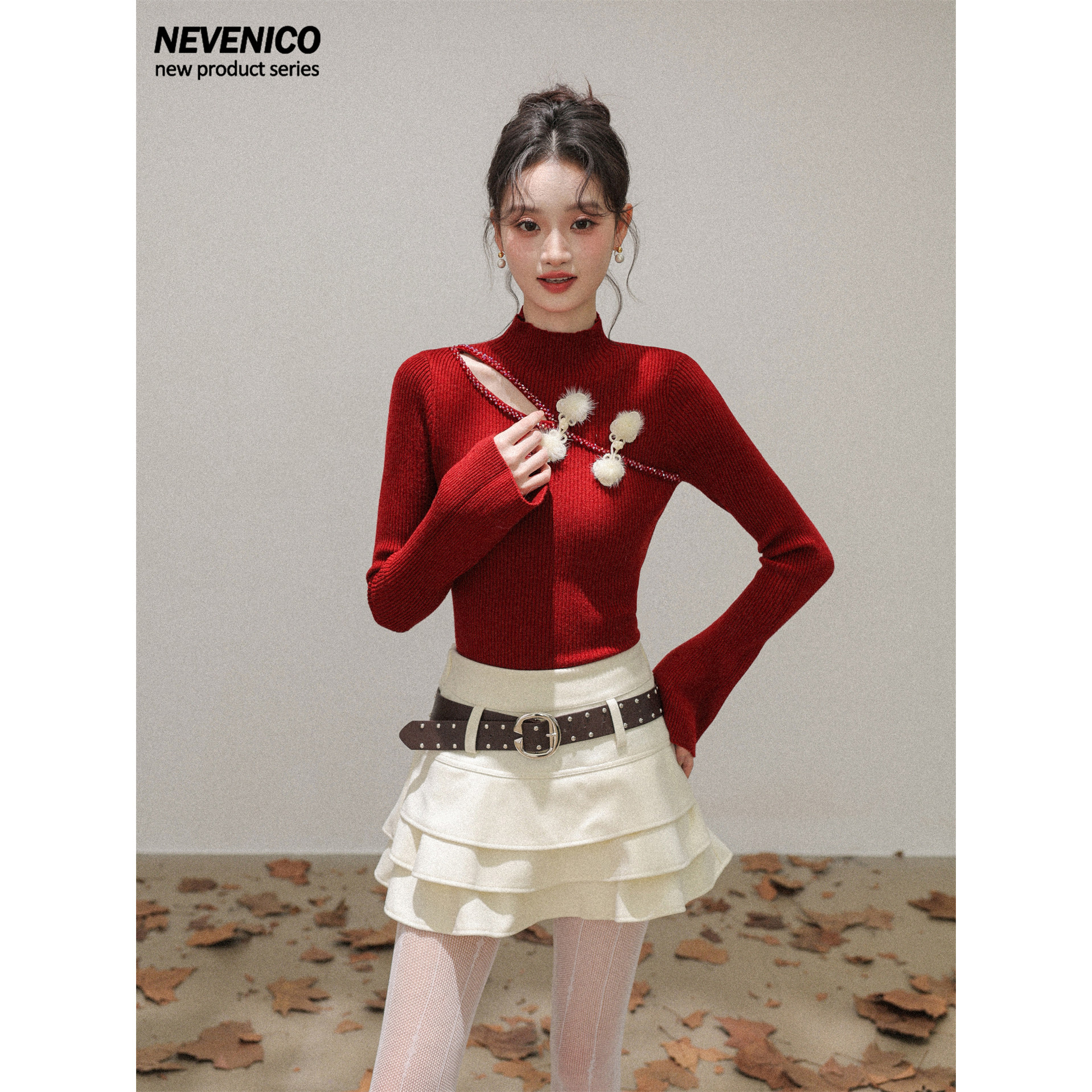 NEVENICO 毛球盘扣半高领针织衫女复古修身气质上衣