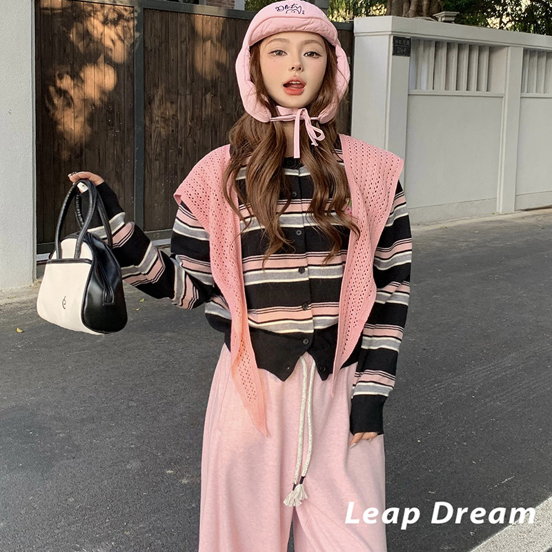 LEAPDREAM 披肩复古条纹拼色针织衫女时尚气质上衣