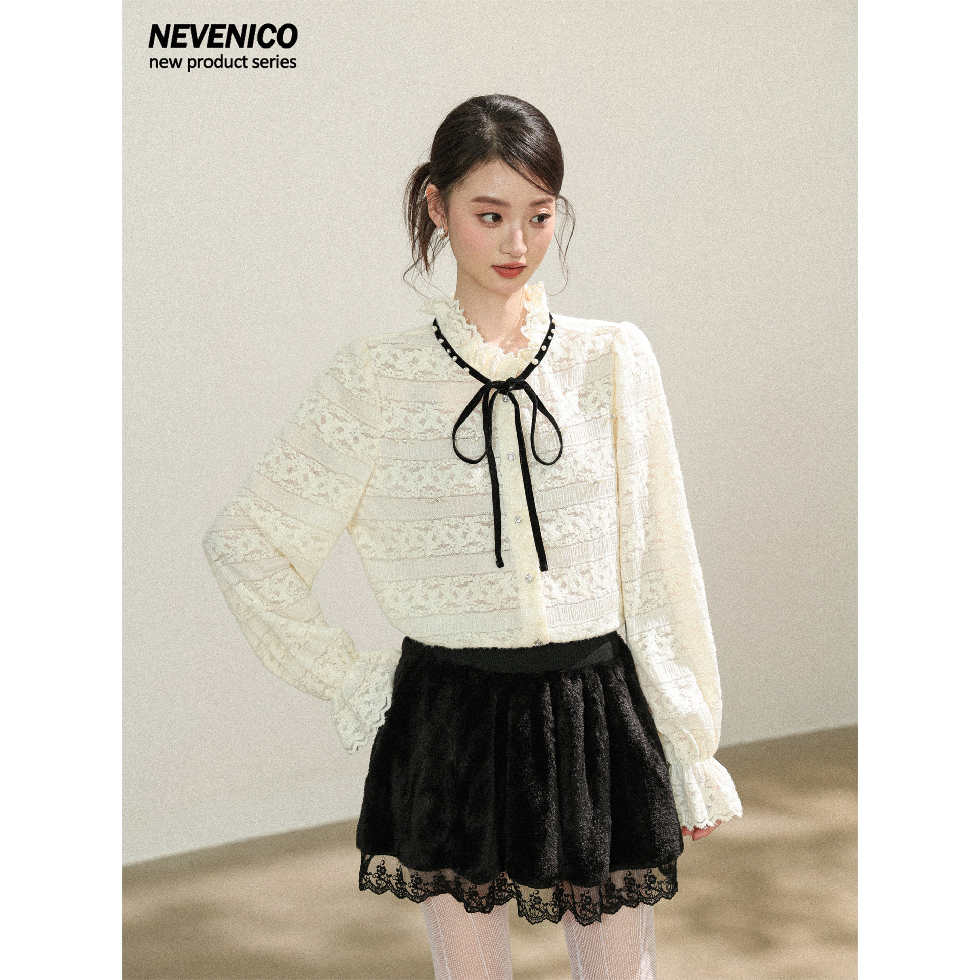 NEVENICO镶钻水溶蕾丝钩花系带衬衫女甜美风气质款上衣