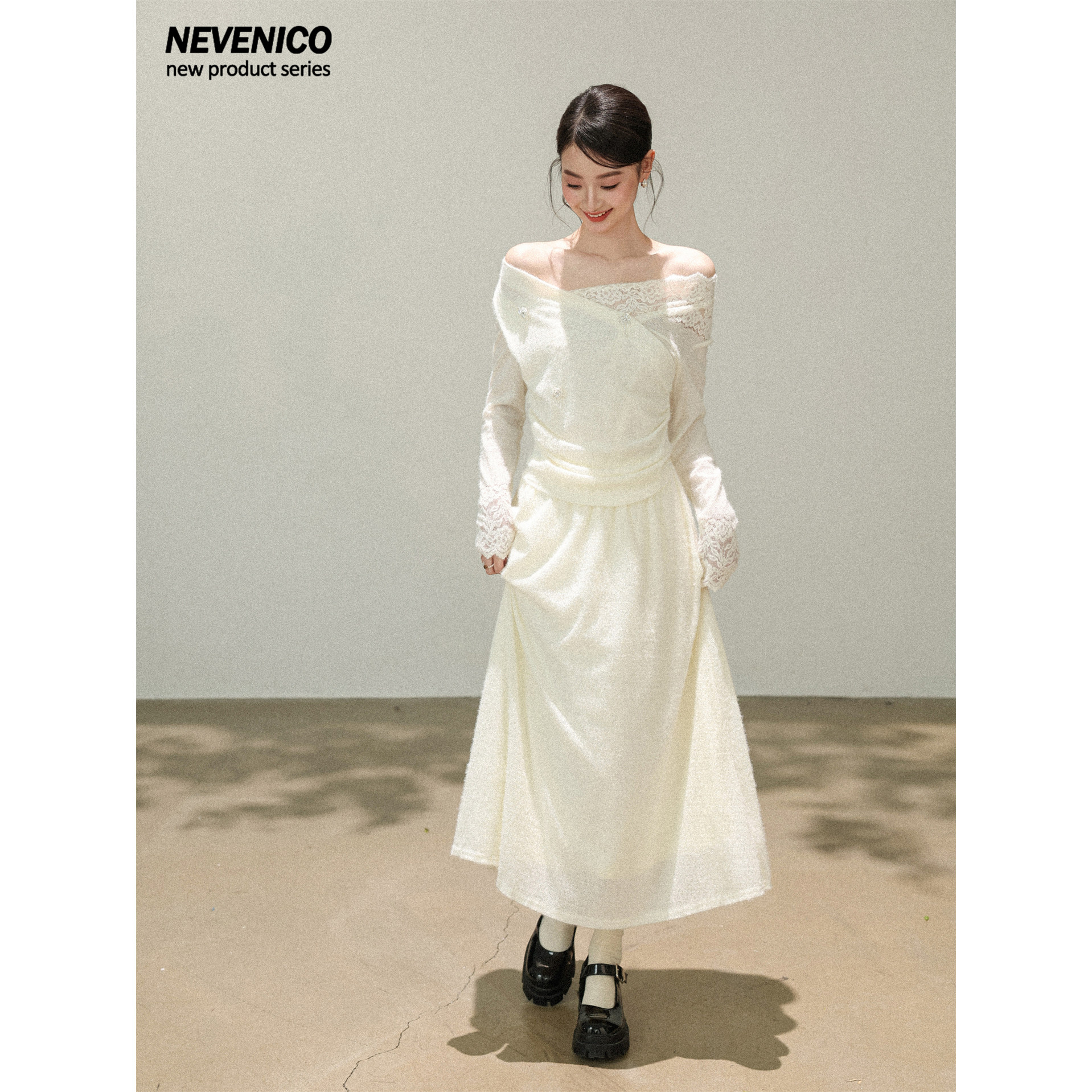 NEVENICO 钩花蕾丝V领长袖半裙套装女时尚两件套