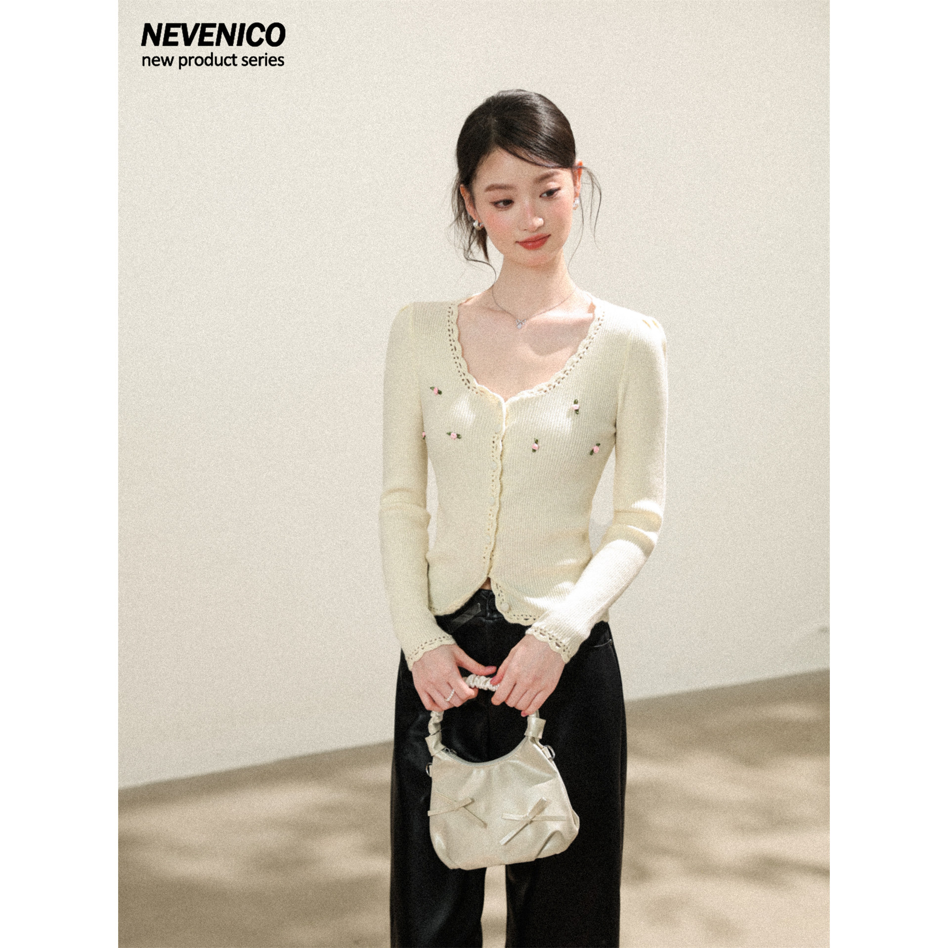NEVENICO 法式花边针织开衫女甜美风修身短款上衣