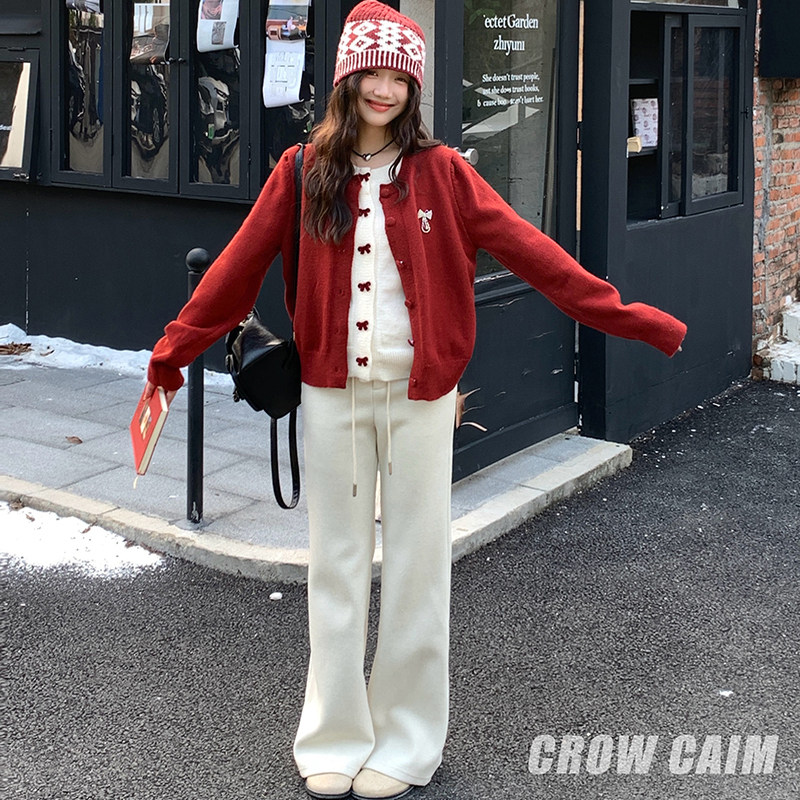 CROWCAIM 蝴蝶结假两件针织衫女新年红设计感百搭毛衣