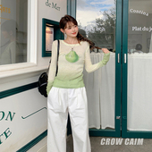 鸭梨印花渐变超薄针织长袖 CROW CAIM T恤小众百搭上衣