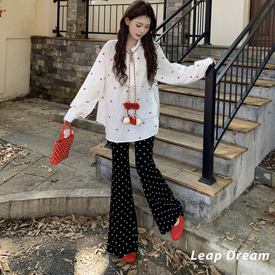 Leap Dream 波点微喇系带休闲裤女显瘦小众时尚感长裤