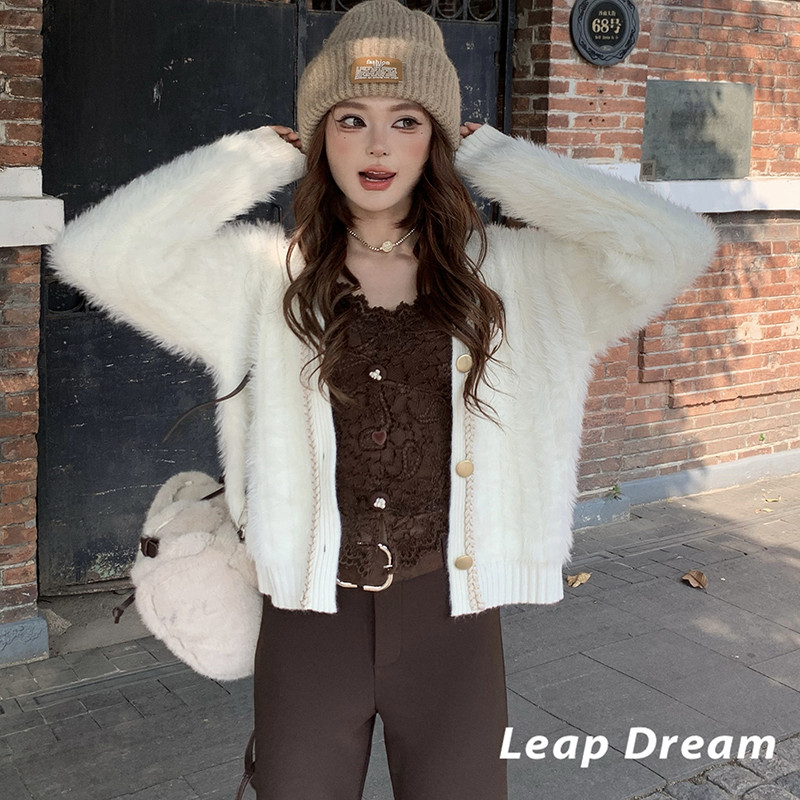 LEAPDREAM 香风编织仿水貂绒开衫气质百搭外套