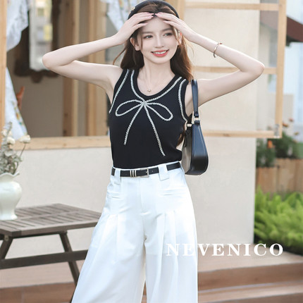 NEVENICO 香风蝴蝶结串珠冰丝背心女简约百搭上衣