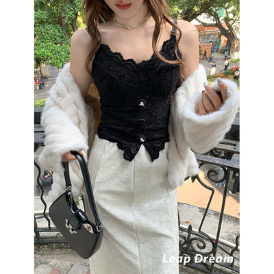 LEAPDREAM 提花蕾丝加厚吊带背心女带胸垫纯欲风内搭