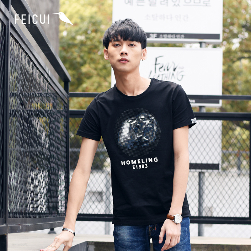 FEICUI/翡翠圆领纯棉T恤 夏装新款3D立体几何印花t恤短袖男