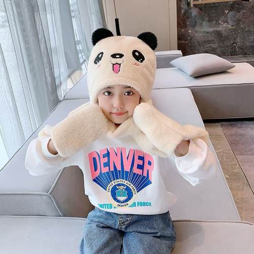 男女童毛绒三合一护耳帽