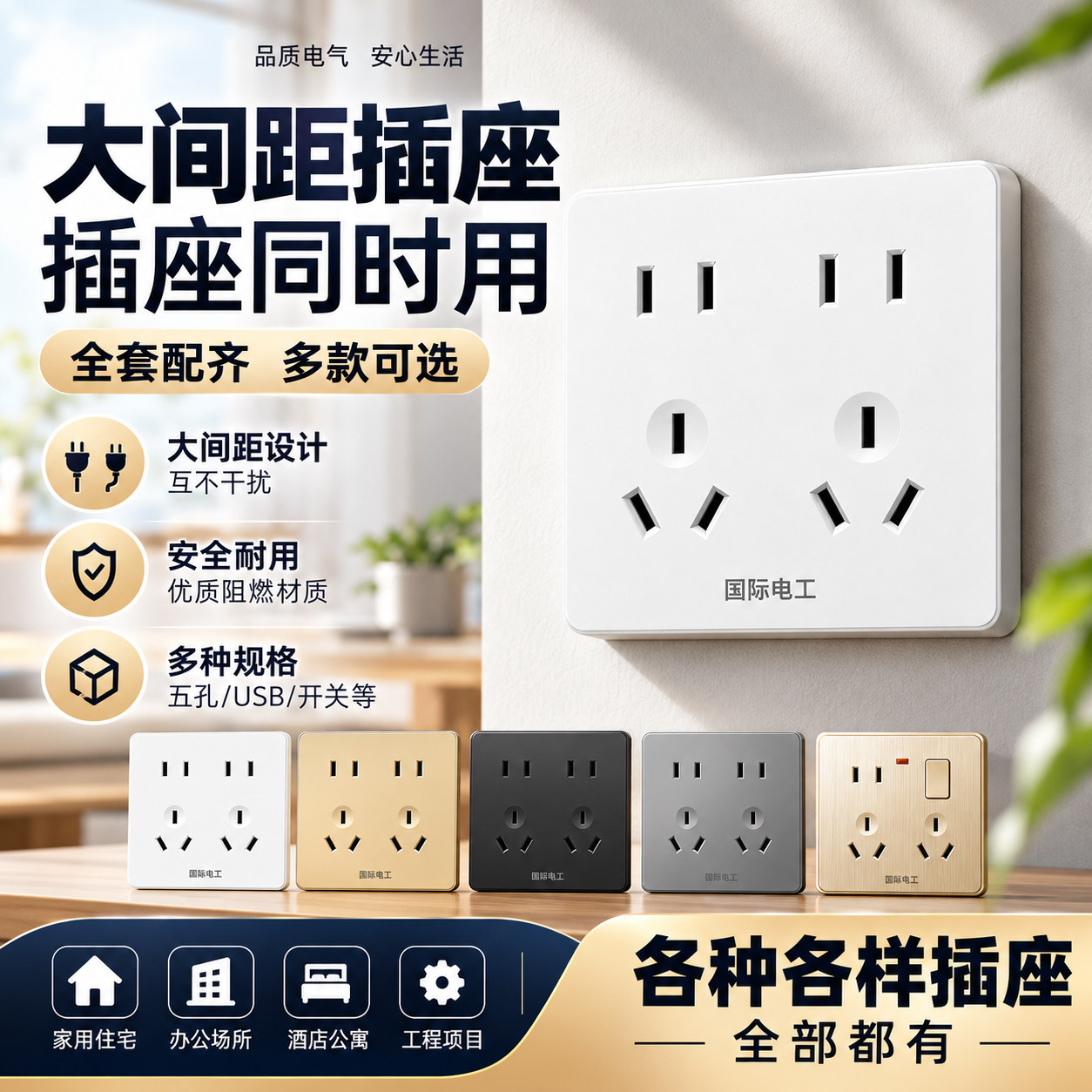 国际电工灰色86型十孔暗装插座家装电源面板儿童保护门设计2500W