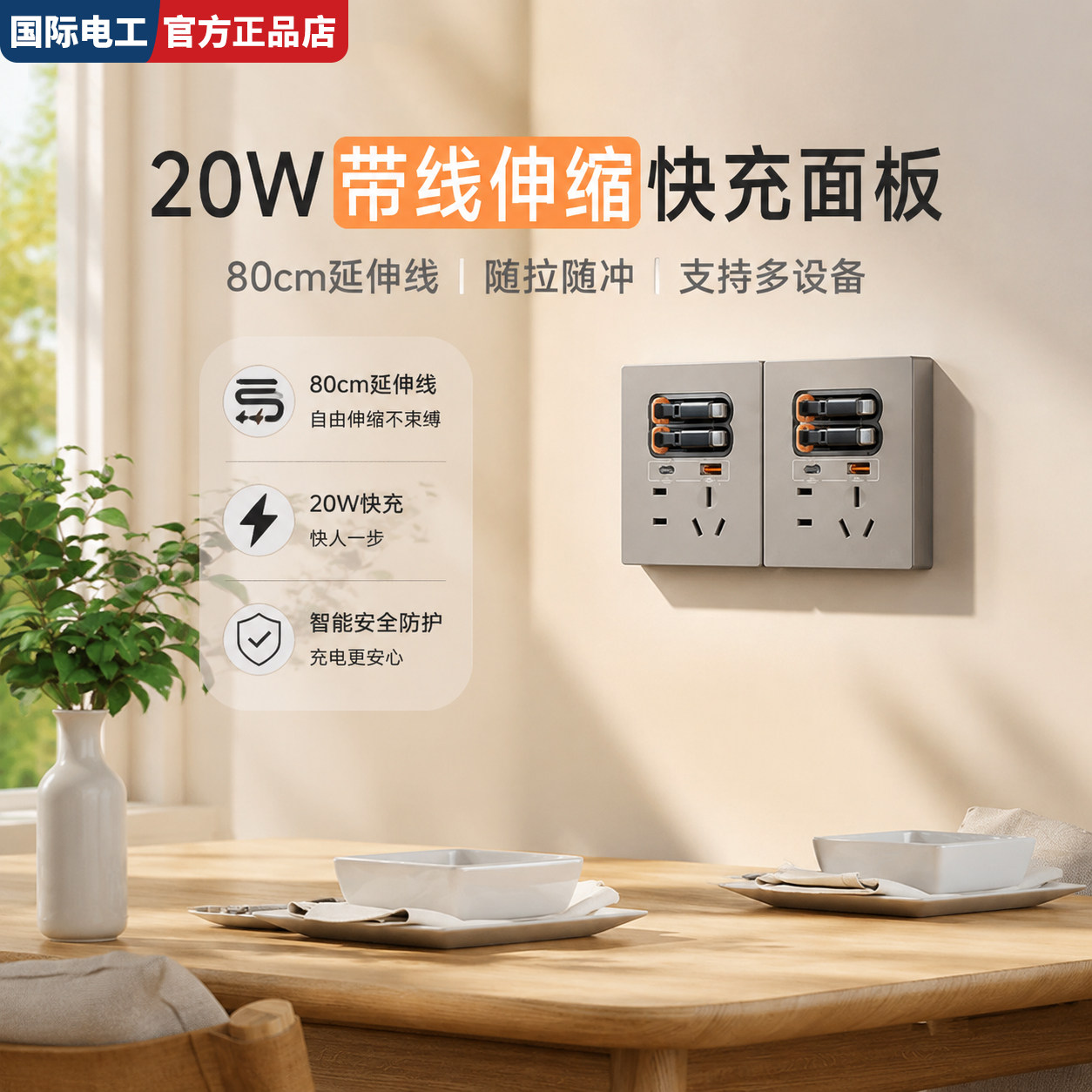 国际电工20W快充USB插座带数据线80cm超长伸缩智能分流多设备兼容