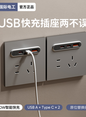 国际电工墙壁86型五孔带双usb插座面板开关家用20W快充type-c电源