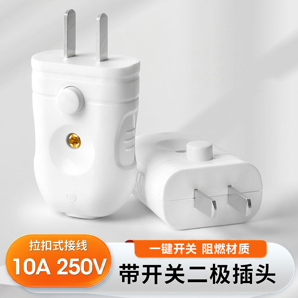 带开关锁扣10a大功率电源二插叉头两极插头加厚纯铜二脚两插2500w