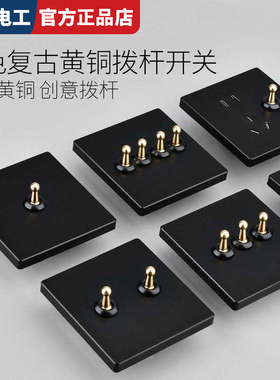 法式工业风民宿酒店插座黑色黄铜拨杆一开双控五孔墙壁开关面板