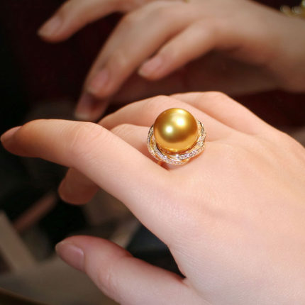 挚彩南洋正圆金色珍珠戒指银镀18K金戒托奢华指环女强光金珠戒子