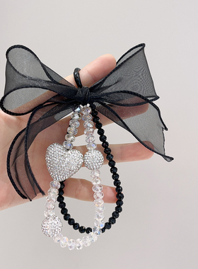 新款原创黑色蝴蝶结网纱水晶手机链双链大爱心钻球串珠手机壳挂件