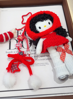 黑色泰迪毛卷爆炸头红色帽子立体KT包包挂件时尚手工钥匙扣饰品新