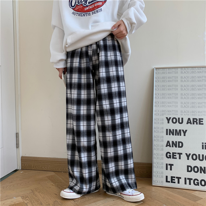Real shot spring and summer Plaid casual Harem Pants loose large tether men's and women's wide leg pants