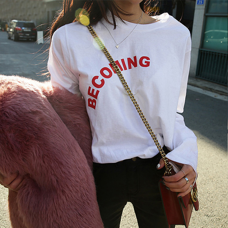 Official website spring and autumn new fashion letter loose large size long sleeve T-shirt women's bottoming shirt student top