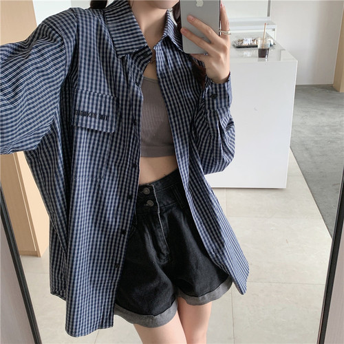 Real shooting spring and summer thin loose Plaid Shirt women's new shirt coat women's long sleeve top