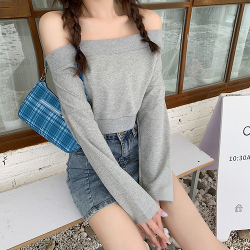 Autumn sexy off shoulder top women's short navel exposed new lazy wind heart machine sweater