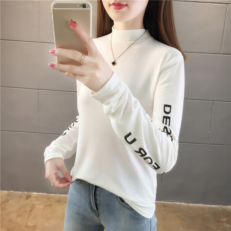 Real shot 2020 new long sleeve half high collar base coat top female letter slim T-shirt fashion